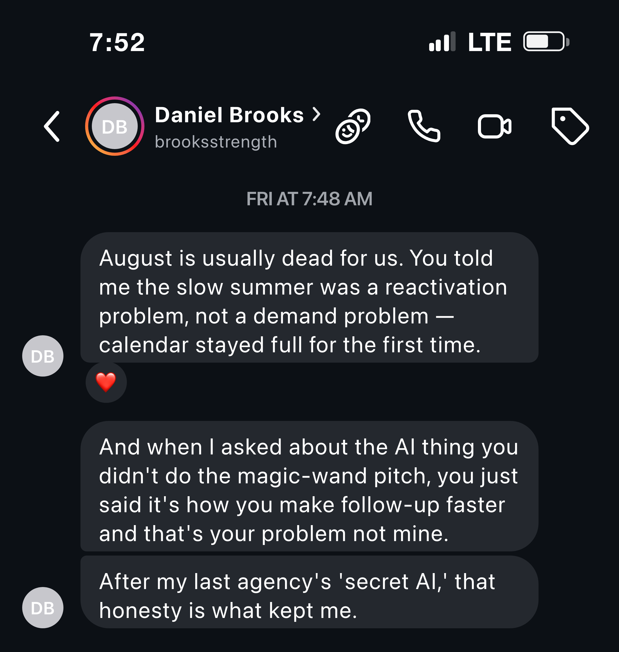 Client message — follow-up fix, cost per appointment down